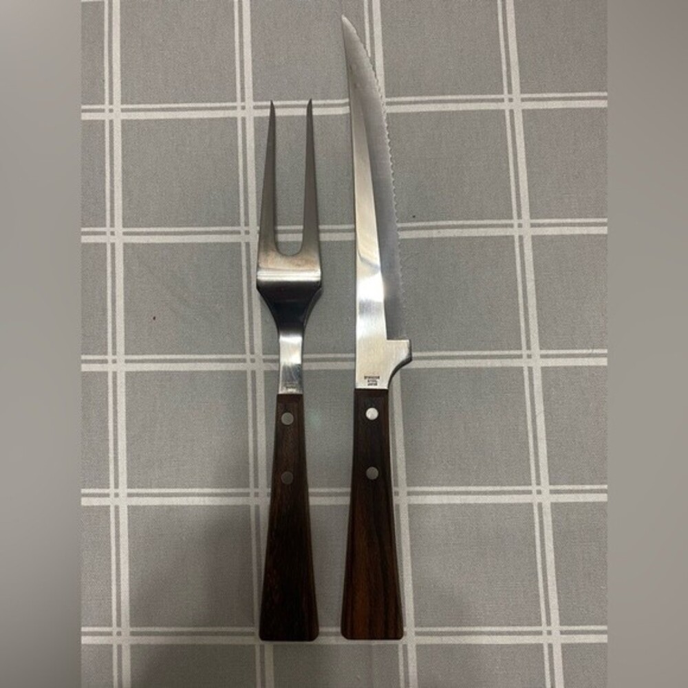 Vtg MCM Burnco Steak & Rib Set Knife Fork Carving Wood Handles Dinner Service